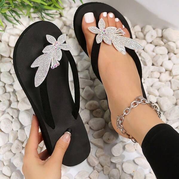 Summer New Solid Color Clip Toe Floral Decor Thick Sole Flat Women Slippers, Lightweight & Soft
