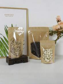 50个棕色牛皮纸袋正面透明拉链可重复使用密封袋自封袋适用于坚果、咖啡、茶、糖果、食品储存包装、厨房配件、厨房必需品、食品储存组织、厨房储存 - 棕色 - 查看 5