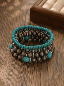 4pcs/Set Bohemian Multi-Layer Stretch Cord Bracelets, Vintage Style Green Beaded Chain Bracelet, Women's Casual, Versatile Daily, Party And Travel Jewelry