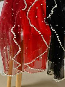 1 pièce Serre-tête de mariée en tulle bordeaux avec des perles de faux-perles, convient pour la cérémonie de mariage, la réception, les fiançailles. Accessoires pour tenues d'automne pour femmes, Saint-Valentin - V267 - Voir 4