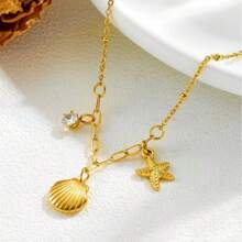 Maldives Style Shell Claw Rhinestone Starfish Short Necklace, Titanium Steel Gold-Plated