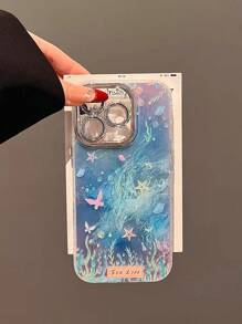 1 pieza Funda de teléfono con estilo tie-dye azul de mar y algas compatible con iPhone 16 ProMax, nueva cubierta protectora de teléfono sin marco y diseño de niña compatible con iPhone 15pro, 13, 14 Plus
