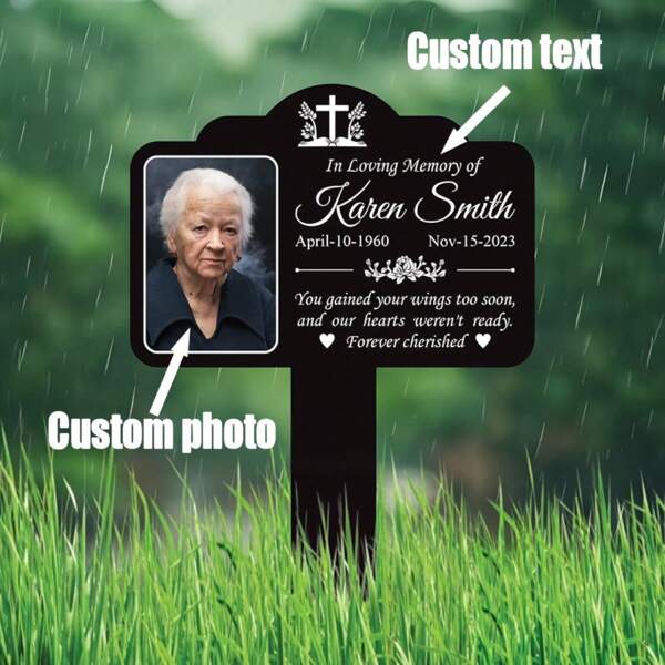 1pc Personalized Photo Gravestone - Durable Acrylic Memorial Plaque With Custom Text & Dates, Outdoor Lawn Tribute Marker, Heartfelt Sympathy Gift For Loved Ones, Classic Style, No Battery Required, Cemetery Decoration | Elegant Memorial | Weatherproof Plaque, Memorial Garden Decor