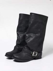 DENGWEISI Fall/Winter 2025 Black Strap Buckle Pull-On Round Toe Chunky Low Heel Mid-Calf Boots, Western Boots - Black - View 4