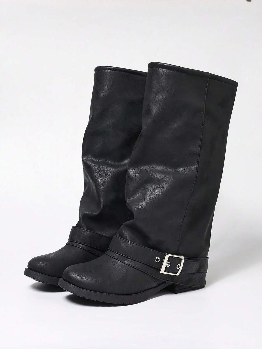SHEIN MOD بوت الكاحل الغربية ذات الكعب السميك المنخفض والأصابع المستديرة، سهلة الارتداء بحزام وإبزيم، موديل خريف/شتاء 2025 - الأسود - مشاهدة 1