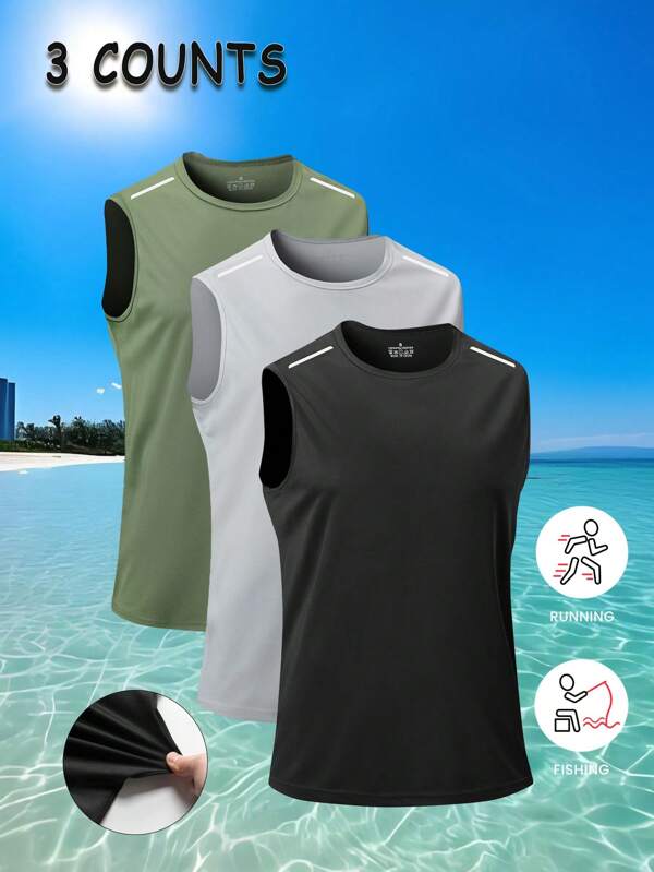 Driedelige fitness-sporttops voor heren, zomers dun, mouwloos trainingsshirt voor buiten, effen kleur met reflecterende streep, casual strandkleding