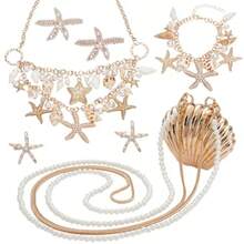 7pcs Mermaid Jewelry Set Seashell Starfish Necklace Bracelet Mermaid Costume Accories Pearl Collar Bib Pendant Necklace Hair Clip Crossbody Bag For Christmas Women Sea Beach - as pic - View 1