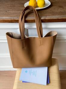 简约大容量黑色托特包，女士休闲百搭上班通勤单肩手提包，2025新款时尚斜挎包 - 棕色 - 查看 3