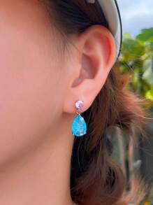 1 Pair Icy Cracked Blue Pink Cubic Zirconia Silver Plated Water Drop Shape Dangle Earrings, Women Cute Costume Jewelry Accessories For Wedding, Party, Prom, Brides, Bridesmaids, Female, Ladies Gift