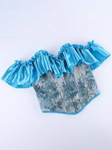 Women Corset Bustier Tops Vintage Jacquard Flower Ruffle Sleeve Body Shaper  Renaissance Shirts - 藍色 - 查看 4