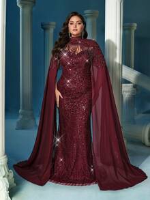 LUVISTRUE Plus Size Sequin Embellished Stand Collar Formal Dress Gown, Suitable For Formal Dinner (Highly Decorative) Wedding Spring - Burgundy - View 5