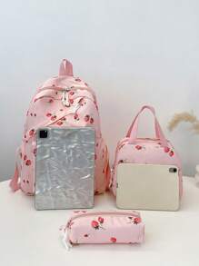 3 Pcs Fashionable Preppy Strawberry Print Backpack Set,Backpack&Lunch Bag&Pencil Case,With Laptop Compartment Bookbag,Adjustable Strap Bookbag Set,Multi Pockets High-Capacity School Bag Set Multifunctional Daypack Set Idea For Girls/Teens/College Students/Graduate/Graduate For Daily Use/Vacation/Travel/Back To School