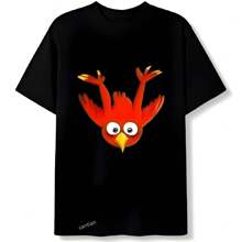 Men's Short Sleeve, Funny Cartoon Print Short Sleeve, Black T-Shirt With A Red Cartoon Bird Spreading Its Wings And Claws, Looks Very Cute, Thick Cotton Short Sleeve, Loose And Comfortable. - Negro - Ver 1