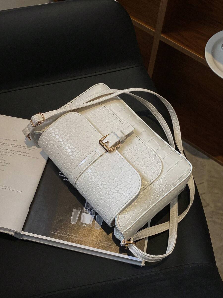 Women's Fashion Crocodile Print Solid Color Leather Belt Decor Flap Square Crossbody Bag