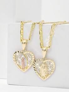 1 件 2025 新款防过敏铜镶嵌锆石信仰心玫瑰瓜达卢佩圣母玛利亚手绘三色吊坠项链，适合送给母亲/情人节、情侣/朋友/教父母、天主教第一次圣餐、日常和节日佩戴祈祷