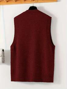 Women's Knit Vest - Sleeveless, Round Neck, Side Slit, Casual Fashion Jacket - Solid Color, Suitable For All Seasons - Burgundy - View 2