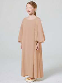 Elegant Girl's Solid Crew Neck Long Sleeve Abaya Kaftan Dress For Pray Party