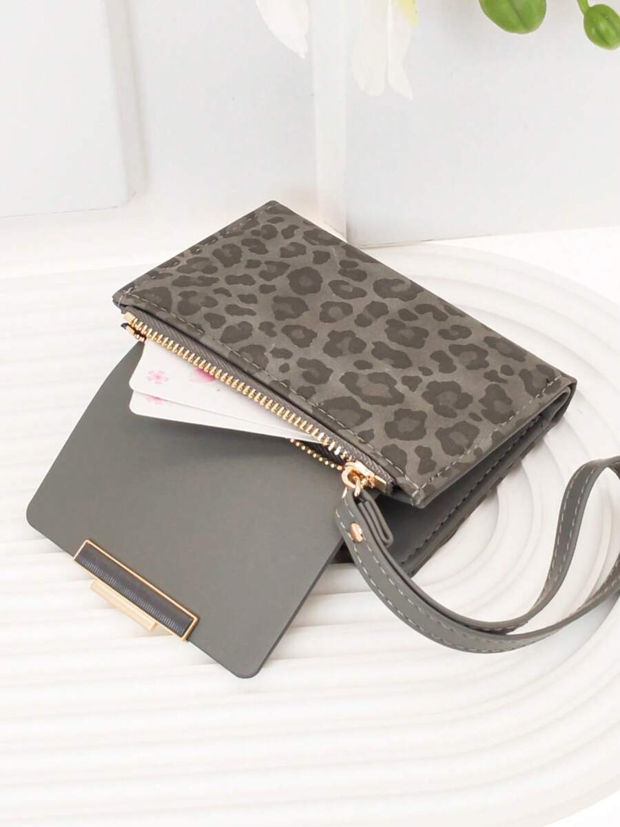 Women's Short Color Block Patchwork Wallet, Fashion Leopard & Wood Grain Multi-Function Card Holder Purse, Exquisite Stylish Snap Closure Young Student Large Capacity Zipper Coin Pouch, Lightweight Convenient Portable Suitable For Holiday Gift - Grey - View 1