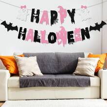 1 Set Ghost Themed Halloween Birthday Banner Decoration Pink Birthday Party Supplies For Halloween Celebrations And Festive Atmosphere Enhancement,Classic Halloween Element Designs Such As Bowtie Ghost, Bat, Spider Web, Etc - Multicolor - View 5