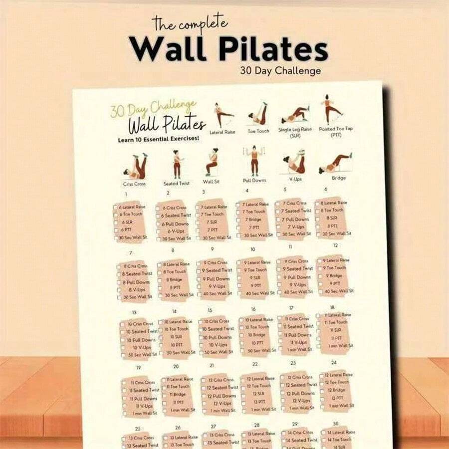 1pc/2pcs 30 Day Wall Pilates Poster Set 10 Essential Exercises! Structured 30 Day Plan. Clear Poses, Timed Routines. Perfect For Home Workouts Build Core Strength, Improve Posture In 30 Days! Combining Pictures And Texts, It's Simple And Easy To Learn. - Multicolor - View 1