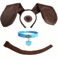 4 Piezas Diadema con orejas de perro marrón, nariz y cola con collar azul, accesorios de animales para fiestas de Halloween para adultos - como en la foto - Ver 1