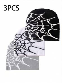 3 件蜘蛛网休闲街头风格腈纶混纺拼色针织帽，适合日常穿着秋季配饰 - 彩色 - 查看 18