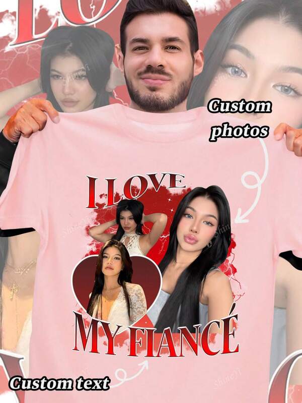 Customized Photo T-Shirt, I Love My Fiance, Personalized Boyfriend Face T-Shirt, I Heart My Girlfriend Photo T-Shirt