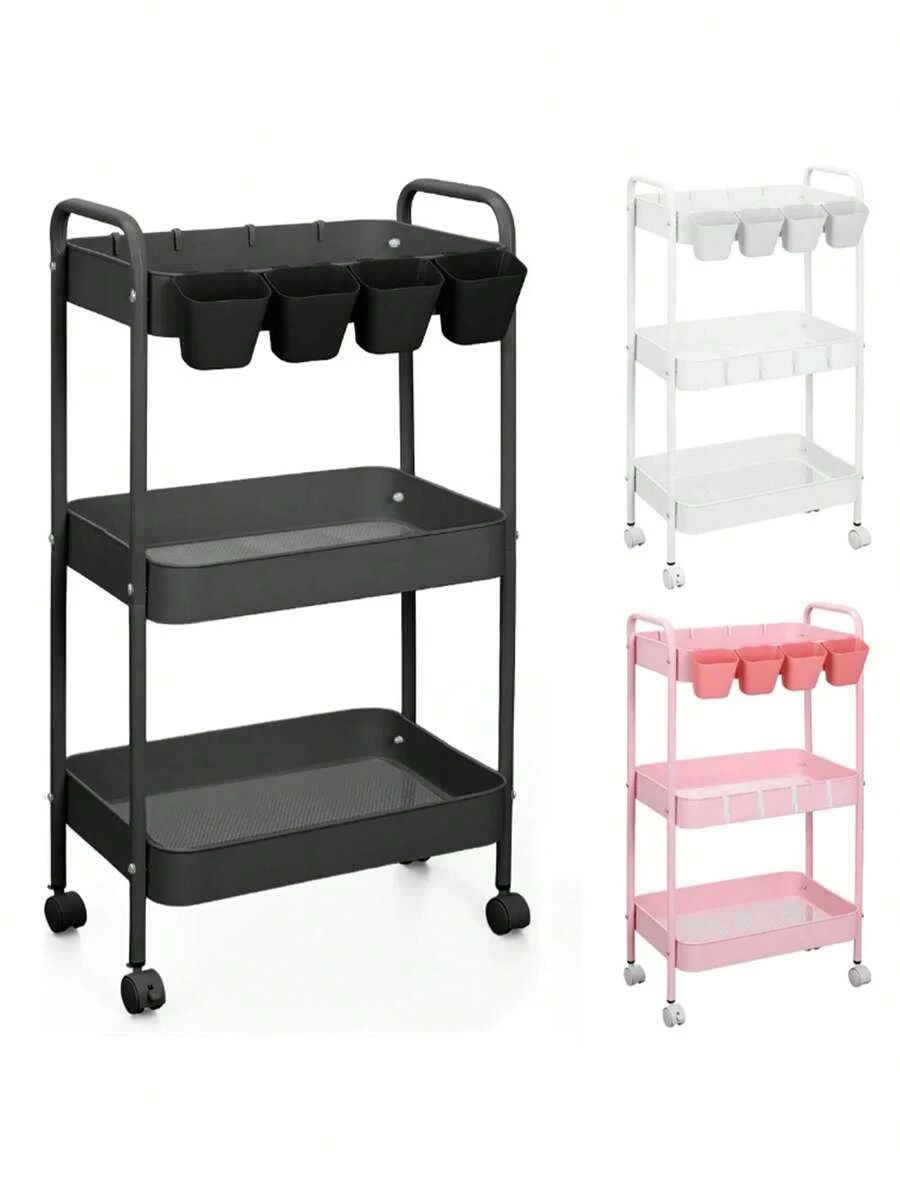 Carrito organizador de acero multifunción con ruedas fácil de mover almacenamiento cocina oficina baño resistente multiusos muebles organizador hogar práctico moderno - Negro - Ver 1