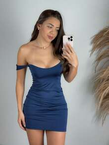 SHORT DRESS WITH SWEETHEART NECKLINE - 藏蓝色 - 查看 3