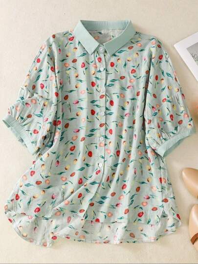 Women's Summer Lightweight Breathable Loose Floral Print 3/4 Sleeve Blouse