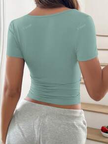 Maglia corta estiva da donna a maglia, collo quadrato, vestibilità aderente, stile Y2K, colore unito