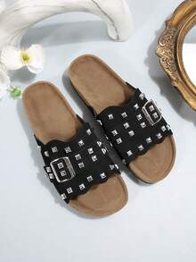 女士新款时尚沙滩凉鞋，木质底平底露趾透气铆钉镶嵌扣装饰优雅百搭舒适户外散步平底凉鞋 - 黑色 - 查看 3