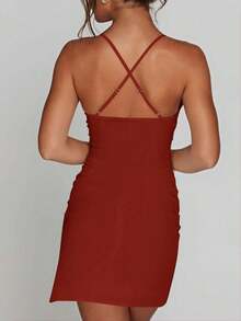 Women's White Ruched Slit Fitted Bodycon Crisscross Strap Mini Dress, Suitable For Party, Date, Vacation And Various Occasions,Back-To-School Style - Red - View 6