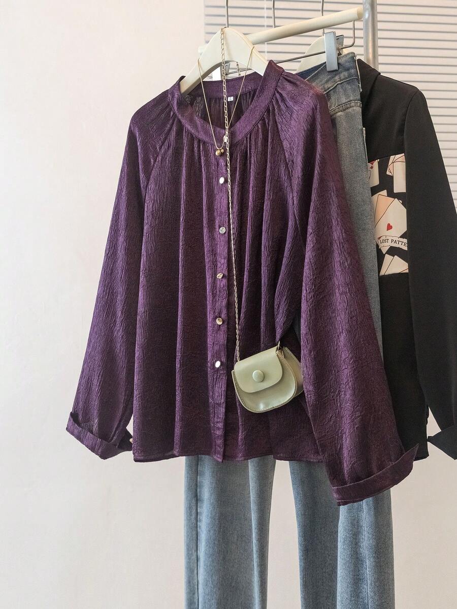 YUXIN Women's Vintage Textured Round Neck Blouse, Suitable For Spring/Summer, Slim Fit Puff Sleeve Design, Perfect For Commuting And Shopping