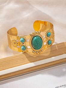 1 件复古绿松石和复古银色调金色几何宽开口时尚礼物金属花手镯，朋克风格 - 銀色 - 查看 4