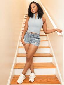 Steph T 女式纯色夏季无袖背心，前拉链，立领