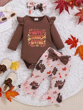 Conjunto de ropa casual, elegante y linda para bebé niña en otoño e invierno, body de manga larga con estampado de letras + pantalones acampanados + diadema, conjunto de tres piezas para Acción de Gracias