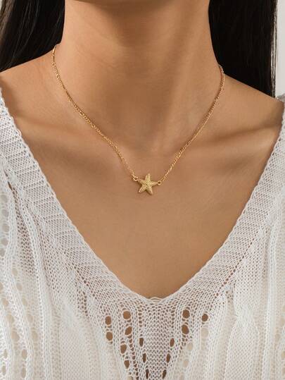 1個 シンプルエレガントなメタル製ヒトデ&星ペンダントネックレス、女性の日常的な着用に適しています