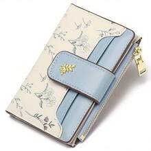 Ladies Elegant RFID Shielded Wallet, Compact Bi-Fold Zipper Clip With Multiple Slots, Beige And Light Blue Dotted Perfect For Daily Use Or Gifts Compact Wallet, Elegant Design, Decorative With Wallet Small Wallet - 藍白色 - 查看 2