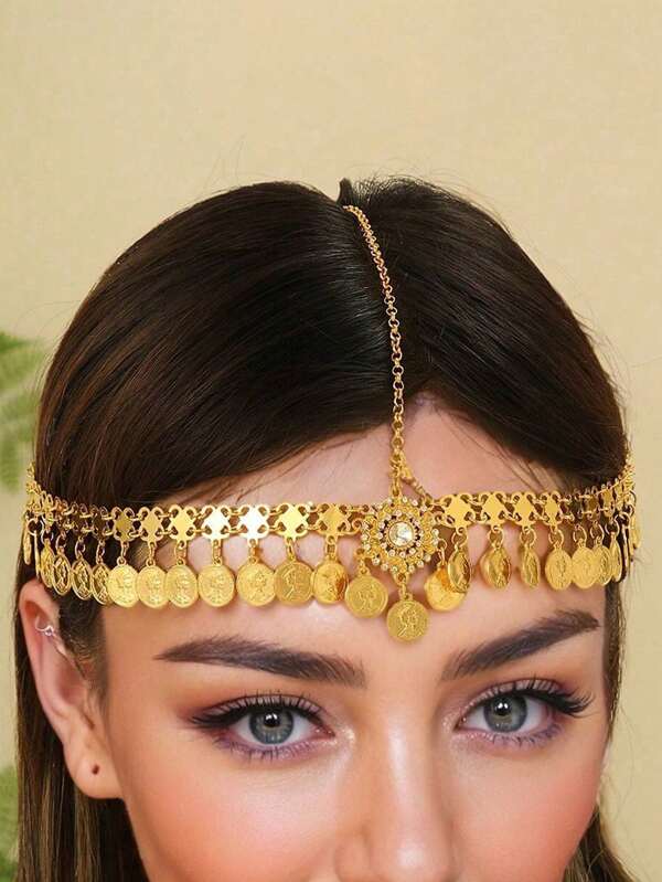Exotic Style Headpiece, Vintage Alloy Rhinestone Coin Tassel Headband
