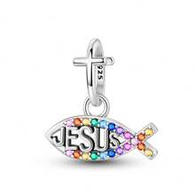 1 Pc 925 Sterling Silver Jesus & Fish Charm Pendant - Holy Light Religious Jewelry For Women, Cross Symbol Blessing Gift (Baptism/First Communion/Christmas)