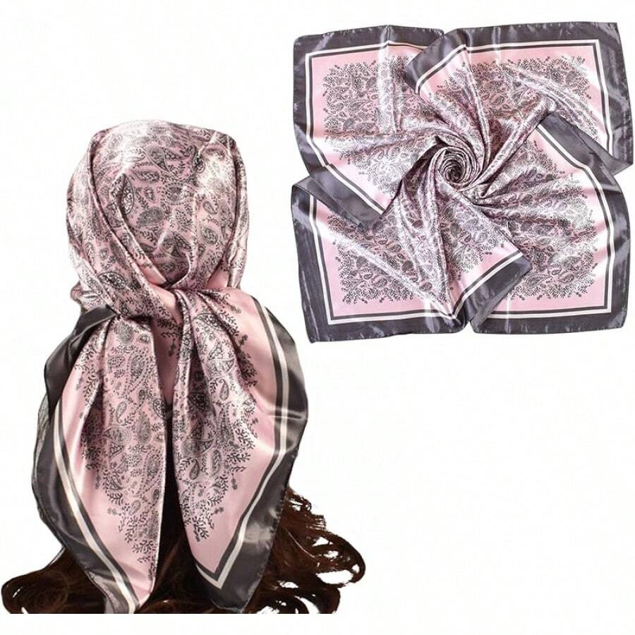 35 Inches Silk Head Scarf-Satin Hair Scarves Silk Bandana Scarf Headscarf For Women's Fashion Scarveshalloween - 小腰果-粉紅色 - 查看 1