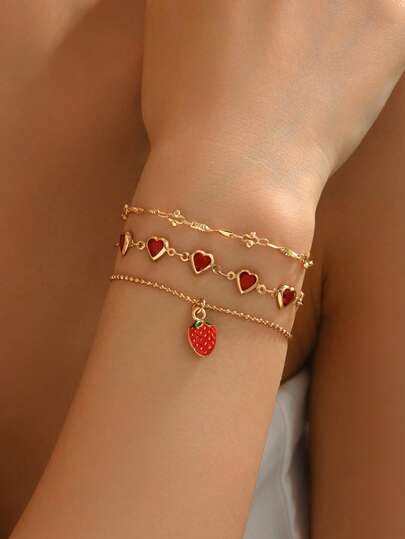 3-Piece Set Lovely Red Heart Crystal Glass Handmade Beaded Chain Strawberry Pendant Bracelet, Fashionable Versatile Accessory Fit For Daily, Dates, Outings And Great Gift For Loved Ones