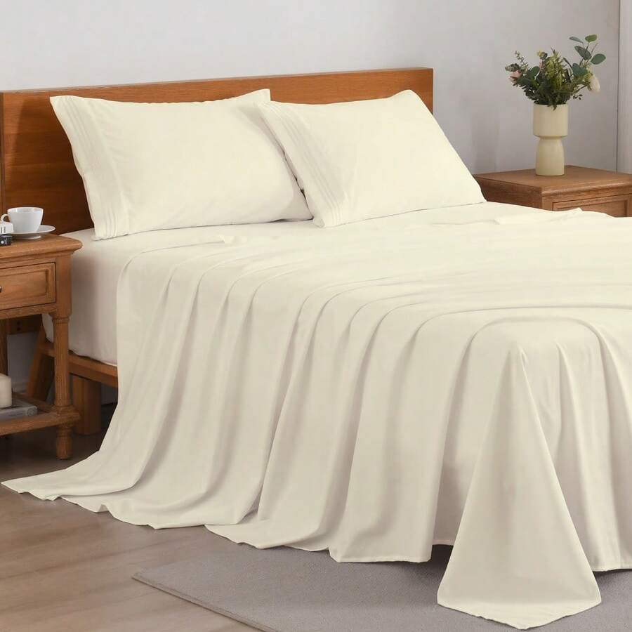 4PCS Cooling Luxury Hotel Sheet Set - 15'' Deep Pockets, Shrink & Fade Resistant With Embroidered Pillowcases | Fitted Sheet + Flat Sheet For Summer Bedding - Kem - Xem 1
