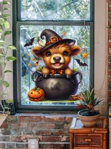 1 Stück Halloween Fenstersticker, Cartoon Tier Wohnzimmer Sticker, Hase und Kalb Schlafzimmer Sticker, süßer Stil Türsticker, Heimdekoration