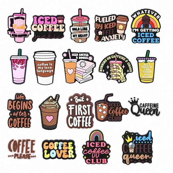 19PCS/SET Iced Coffee Theme PVC Shoe Charms, Coffee Beans Coffee Cup Book Rainbow Patterns Shoe Decoration Slides Sandals Accessories