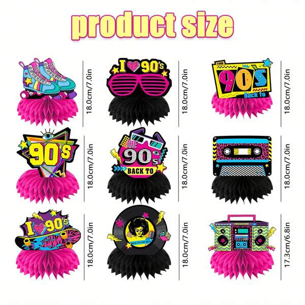 9 Pieces Retro 90s Honeycomb Centerpieces, Back To The 90s Table Centerpieces For 90s Themed Party, Birthday Party Supplies