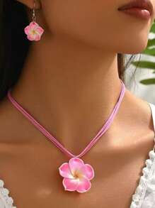 2 Stücke minimalistischer aber süßer Halsketten- und Ohrringe-Set, Farbverlauf Blumen Muster Dopamin Design, modischer eleganter Schmuck