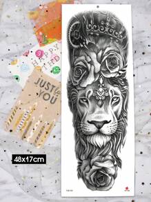 1 Sheets Extra Large Full Arm Size Body Art Temporary Tattoo Stickers For Men And Women, Realistic Animal Style Lion Crown Flowers Pattern, Waterproof Fake Sleeves Tattoos, Lasts 2-5 Days, Covering Scars, Can Be Used On Arms Wrist Shoulders Legs Waist Neck Hand Chest Thighs Finger, Best Friend Couple Party Tattoo