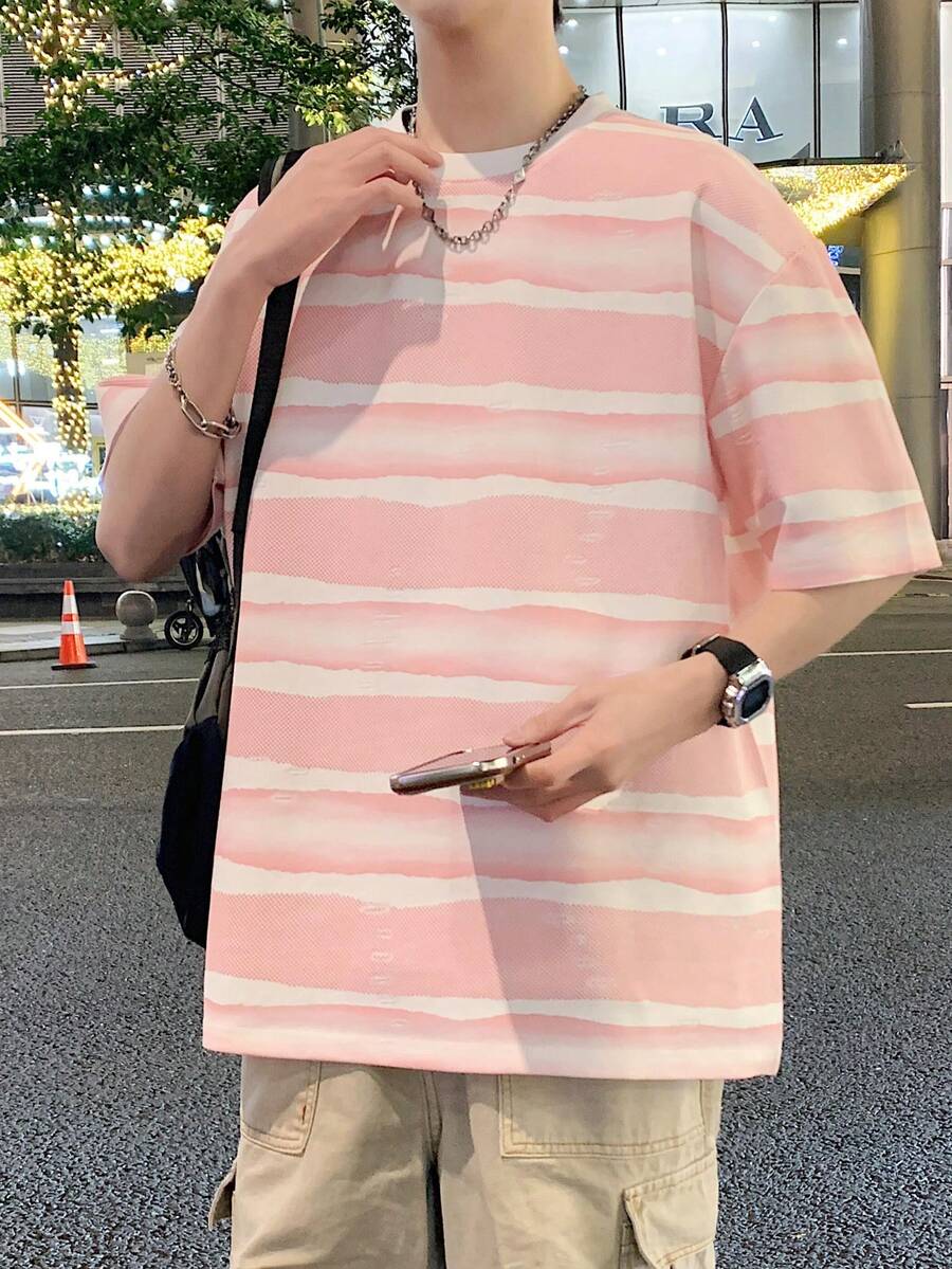 男士轻薄透气圆领休闲短袖T恤，夏季 - 粉色 - 查看 1